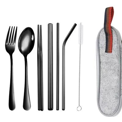 camp cookware steel camp cook set Spoon straw fork chopsticks Stainless steel accessories seven-piece set camping cookware