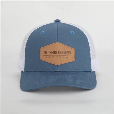 Custom High Quality 6 Panel Richardson 112 Cap Style Cotton Structured Mesh Trucker Hat With Leather Patch